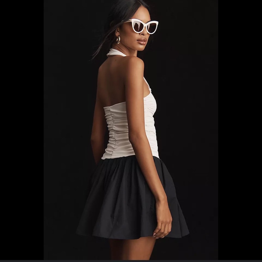 Maeve Anthropologie‎ Black White Ruched Bubble Hem Halter Dress Med. NEW (E)